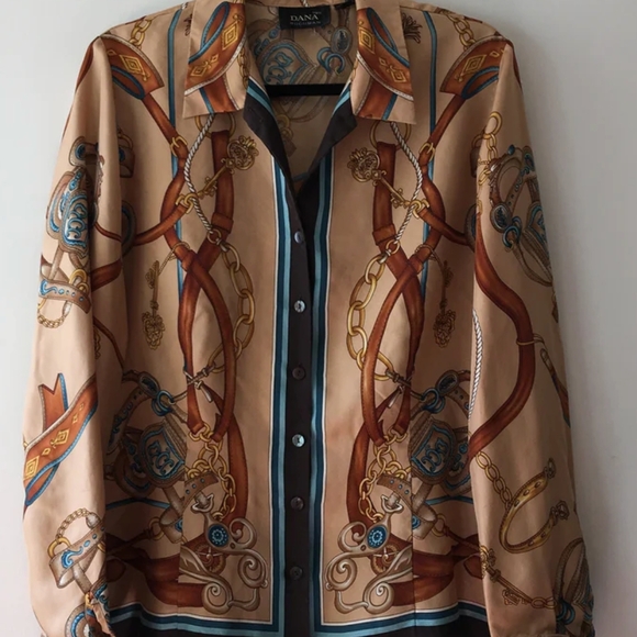 Dana Buchman Silk Shirt Blouse Button Long Sleeve Women's Vintage Equestrian 14